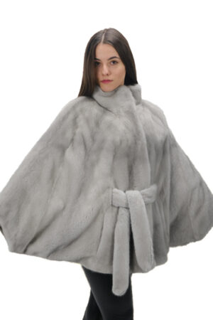 Mink fur elegant bat-style jacket with a belt  in sapphire color -106