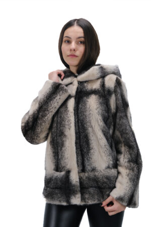 Mink fur jacket with hood in black cross color -0044
