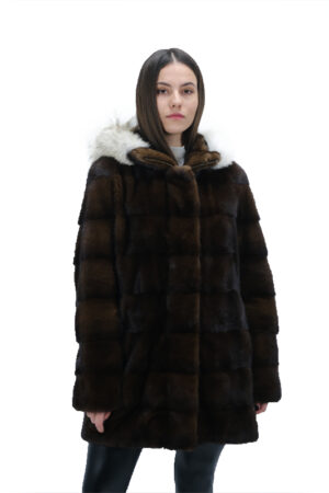 Mink fur coat with fox hood in demi buff color -004