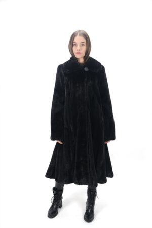 Long mink fur coat in black velvet color -0085