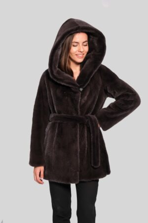 Velvet mink fur coat with hood in gray color -368