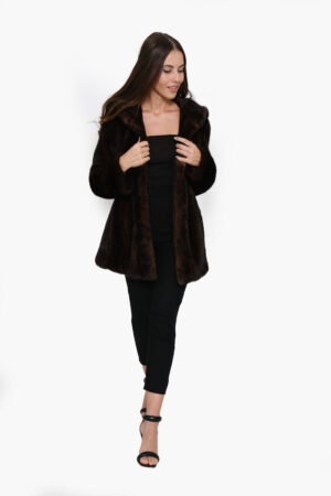 Mink fur jacket with hood in mahogany color -236