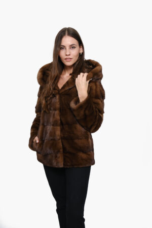 Mink fur jacket with hood in demi buff color -242