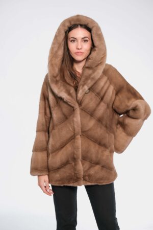 Velvet mink fur jacket  with hood in pastel color -404