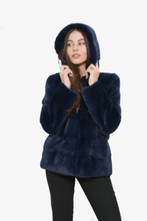 Mink fur jacket with hood in blue color -250
