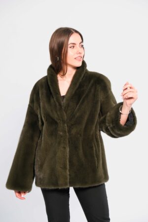 Velvet mink fur jacket in dark olive color -419