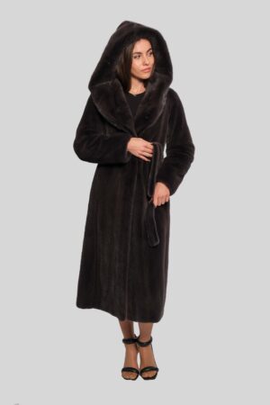 Velvet mink fur coat with hood and belt in grey color -377