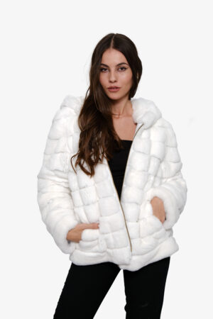 Rabbit fur jacket with hood in white color -251