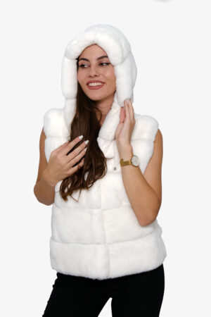 Rabbit fur vest with hood in white color -252