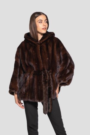 Mink fur cape with hood in mahogany color -435