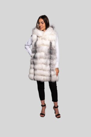Fox fur vest with hood in black cross color -466