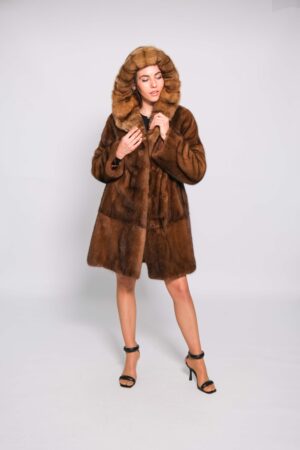 Mink fur coat with hood sable in demi buff color -509