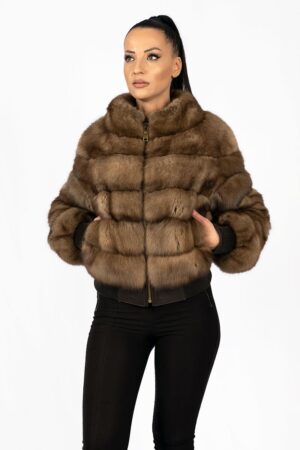 Women’s Natural Sable Fur Bomber Jacket – Luxury Handmade Russian Sable Real Fur Coat with Zipper