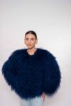 Luxury Dark Blue Mongolian Fur Jacket – Handmade