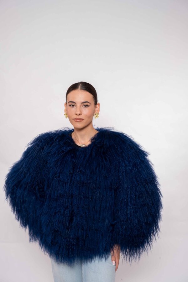Luxury Dark Blue Mongolian Fur Jacket – Handmade