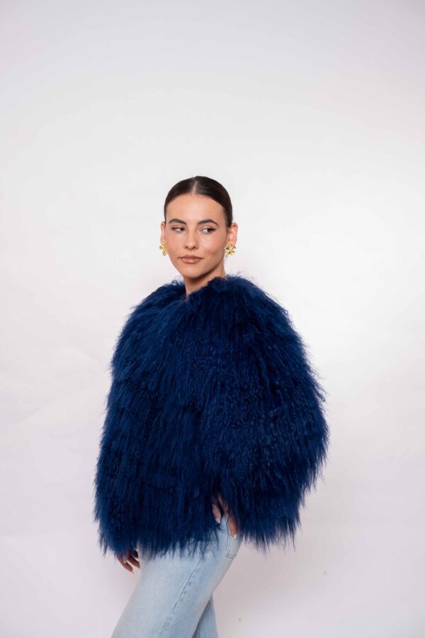 Luxury Dark Blue Mongolian Fur Jacket – Handmade