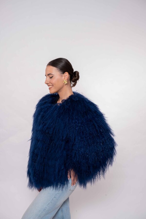 Luxury Dark Blue Mongolian Fur Jacket – Handmade