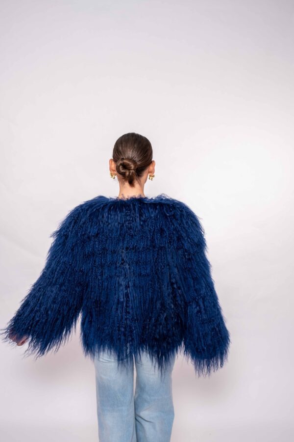 Luxury Dark Blue Mongolian Fur Jacket – Handmade