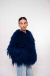 Luxury Dark Blue Mongolian Fur Jacket – Handmade