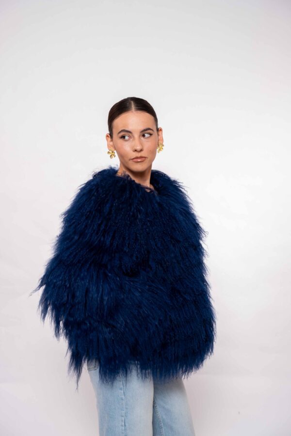 Luxury Dark Blue Mongolian Fur Jacket – Handmade