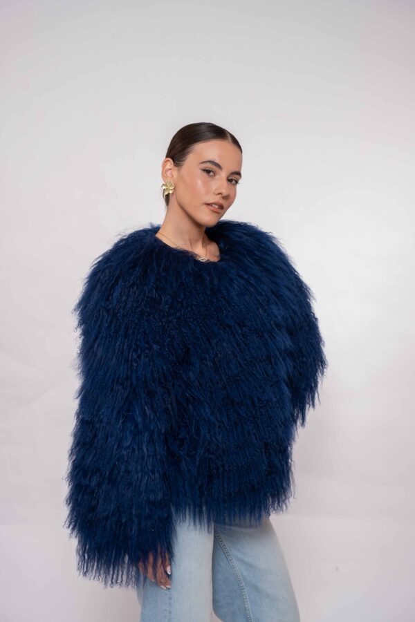 Luxury Dark Blue Mongolian Fur Jacket – Handmade