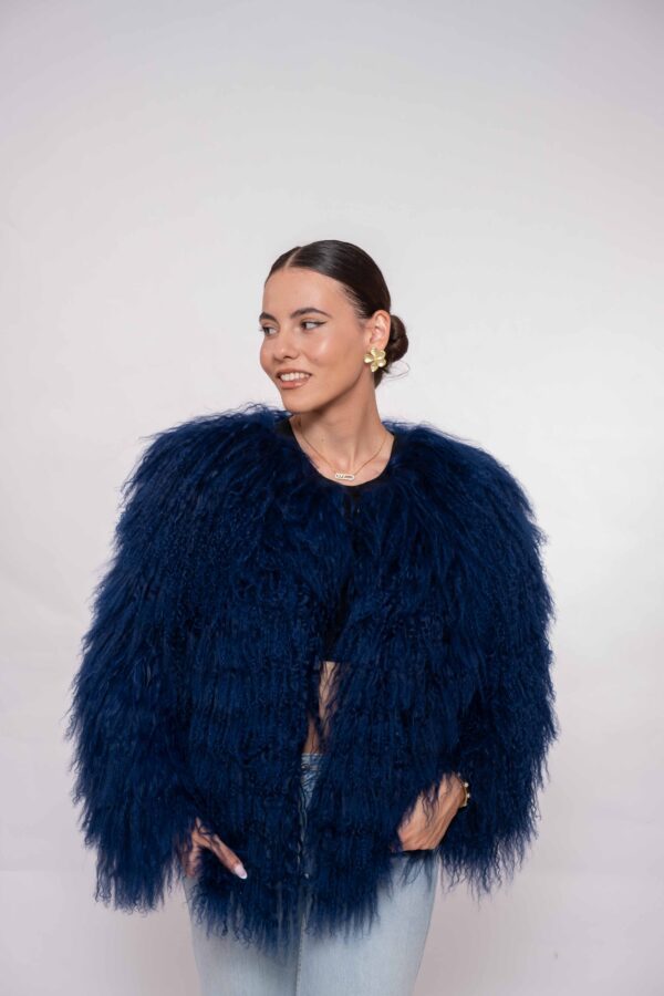 Luxury Dark Blue Mongolian Fur Jacket – Handmade