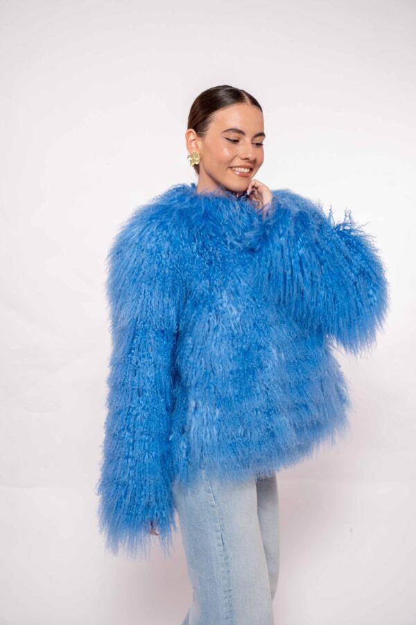 Handmade Blue Mongolian Fur Jacket – Soft Real Fur Luxury