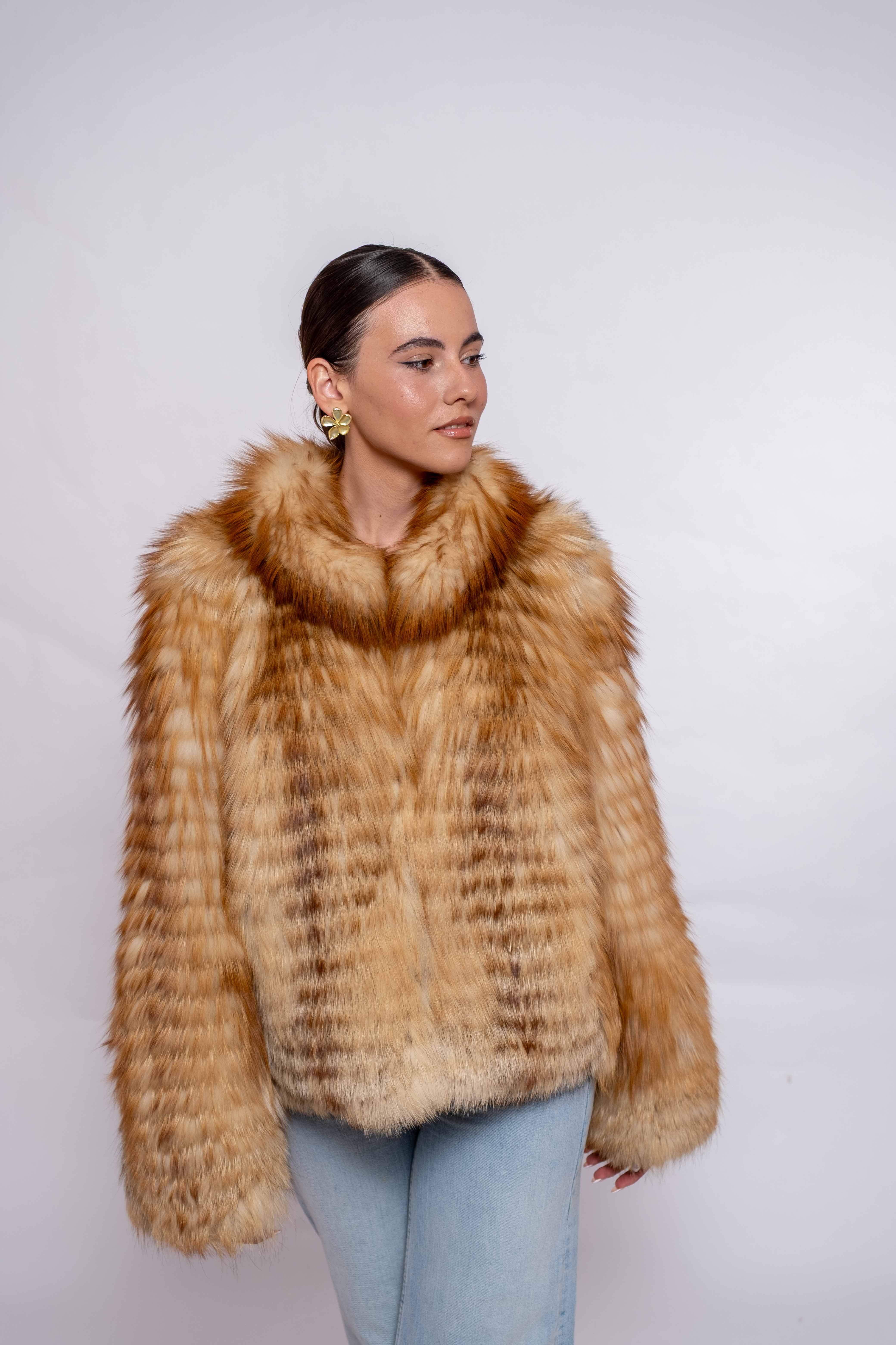 Fox fur jacket in red color -642 - mpfurs