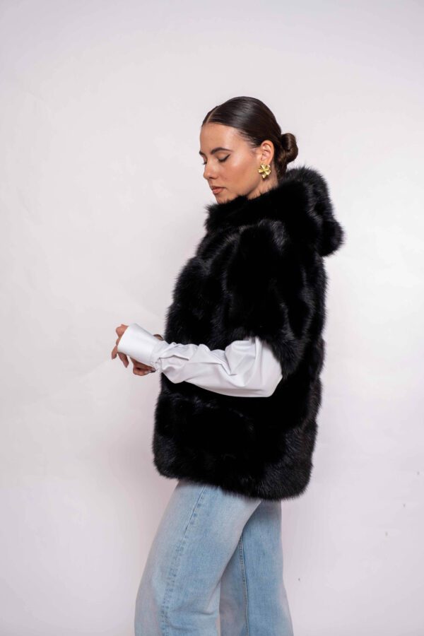 Luxury Black Martin Fur Vest with Hood- Premium Winter Outwear