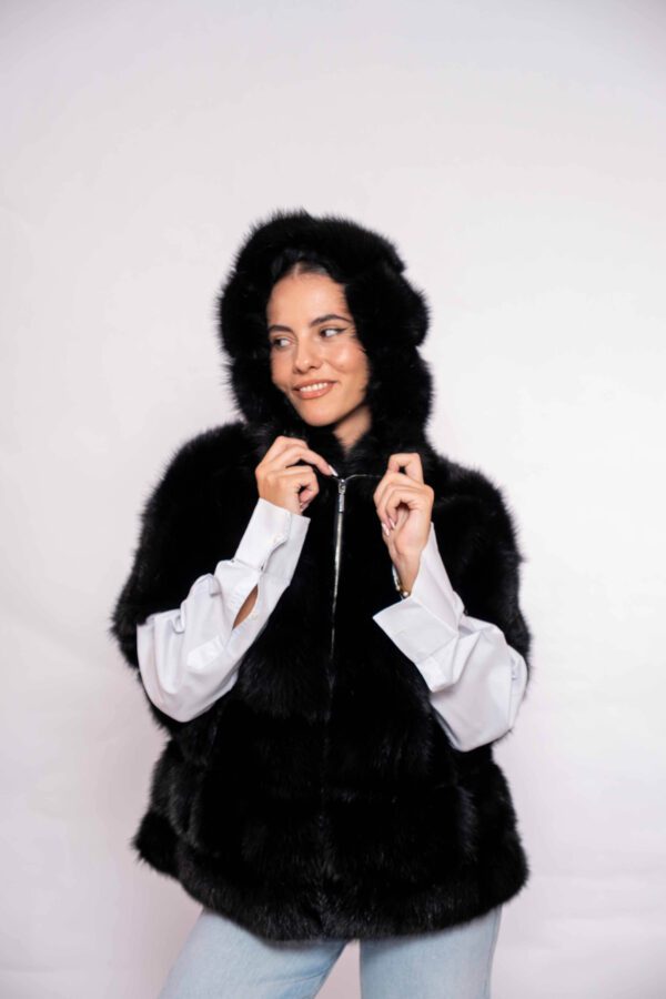 Luxury Black Martin Fur Vest with Hood- Premium Winter Outwear