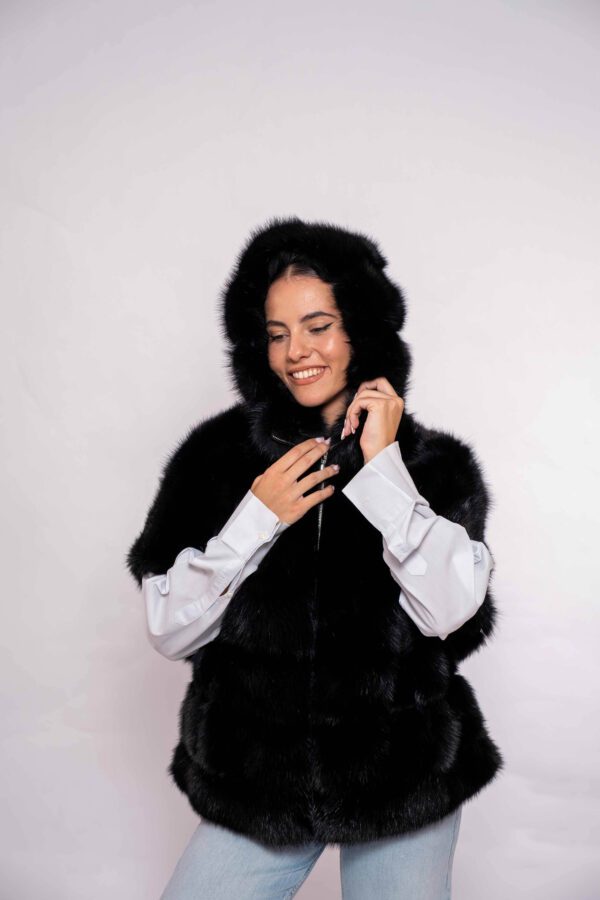 Luxury Black Martin Fur Vest with Hood- Premium Winter Outwear