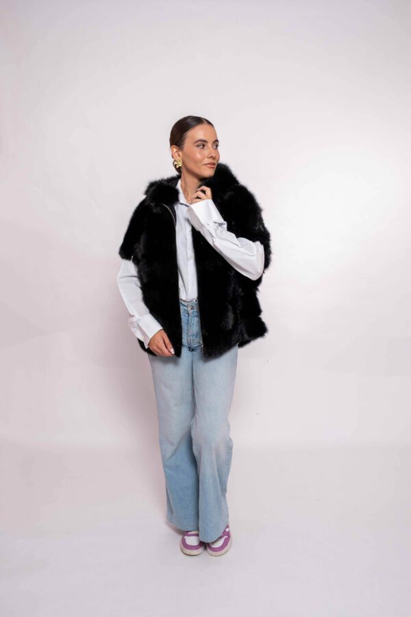 Luxury Black Martin Fur Vest with Hood- Premium Winter Outwear