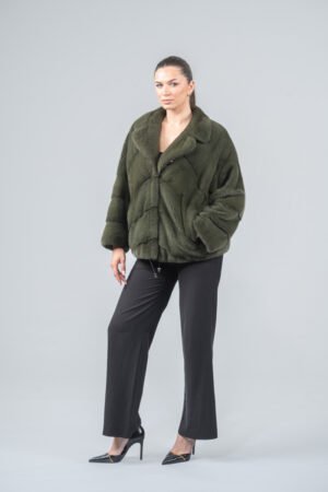 Velvet Mink Fur Jacket In dark olive Color, Elegant & Luxury Coat